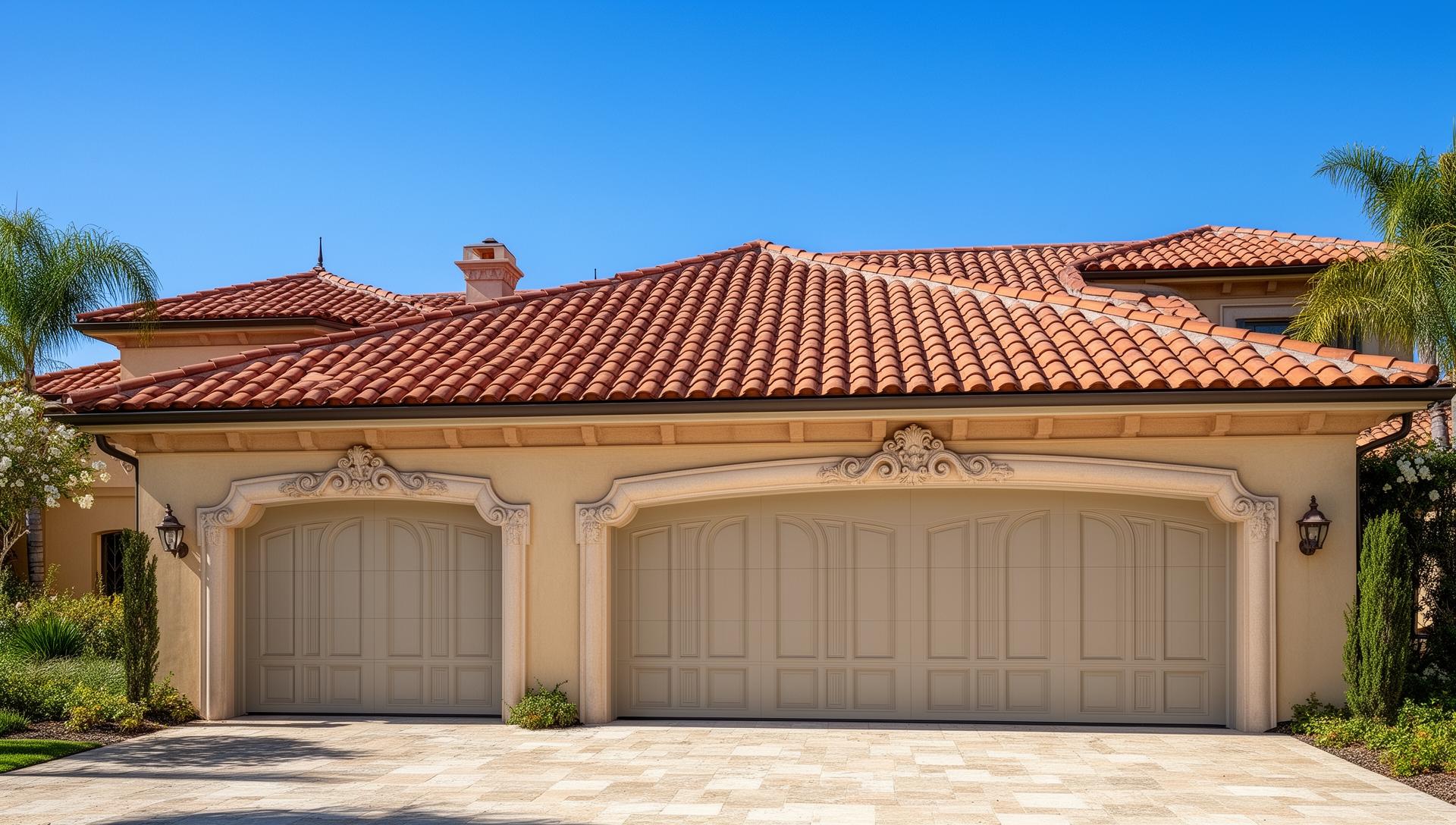 Luxury Mediterranean villa with elegant Victorian style garage doors in Nags Head NC